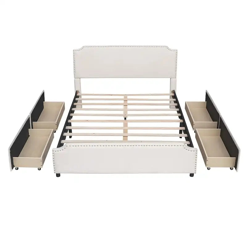Lit plateforme tapissé en velours gris/beige avec garniture cloutée et 4 tiroirs – Queen