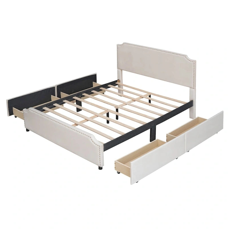 Lit plateforme tapissé en velours gris/beige avec garniture cloutée et 4 tiroirs – Queen