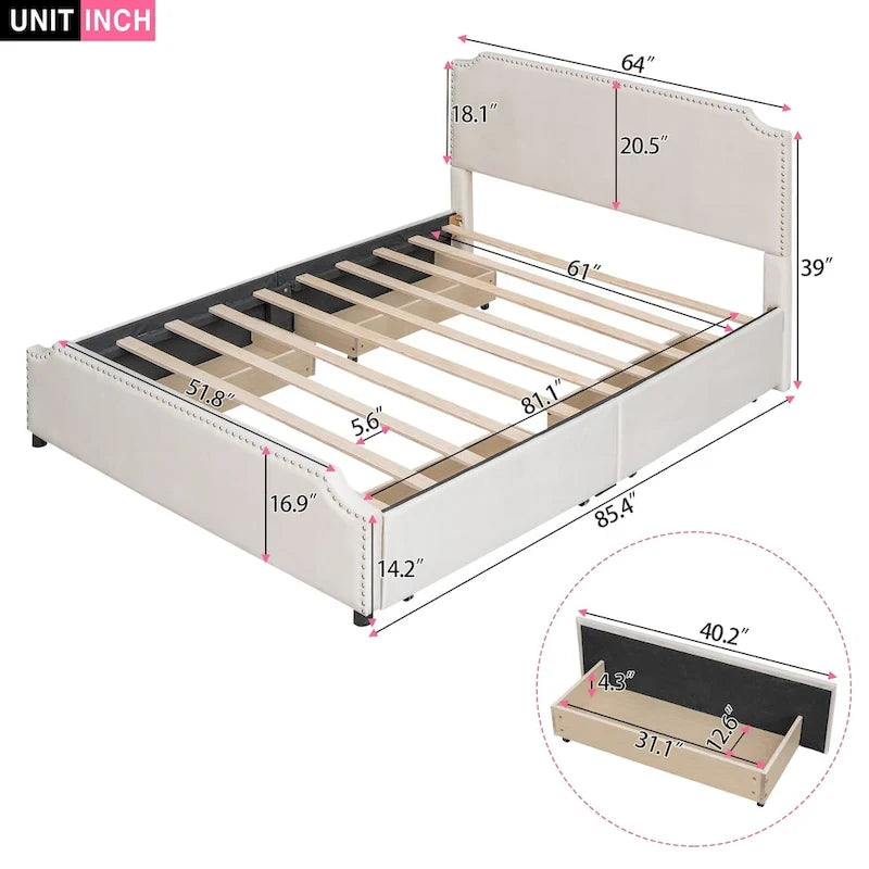 Lit plateforme tapissé en velours gris/beige avec garniture cloutée et 4 tiroirs – Queen