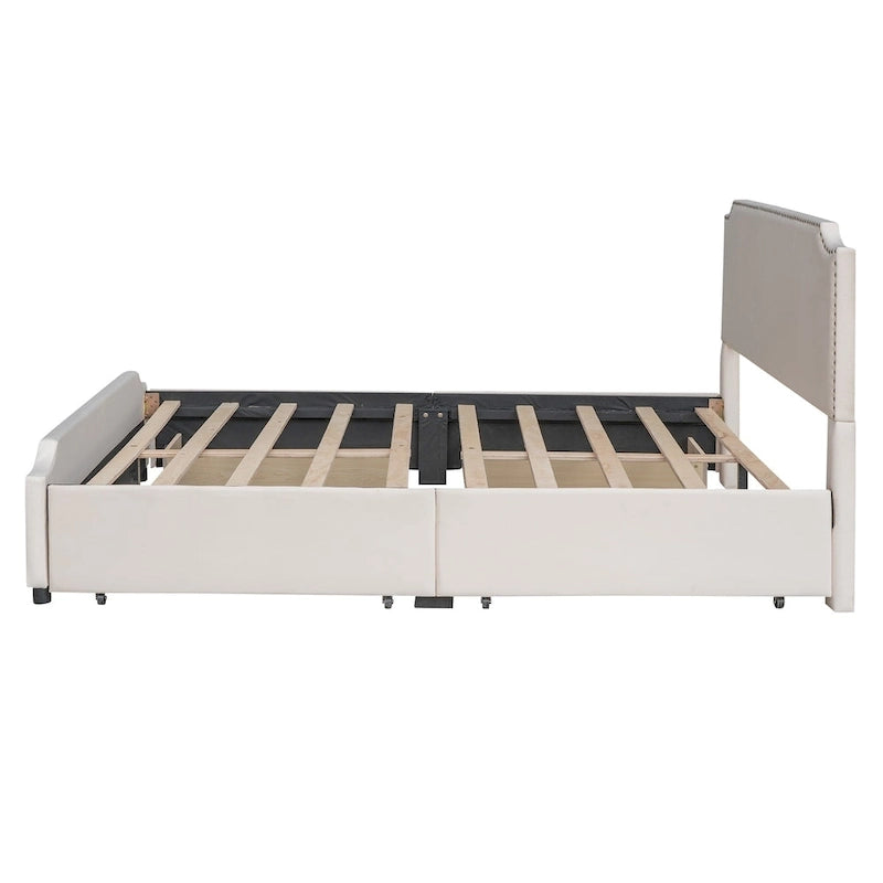 Lit plateforme tapissé en velours gris/beige avec garniture cloutée et 4 tiroirs – Queen