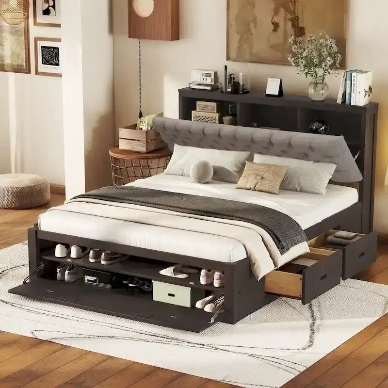 Lit plateforme espresso/gris avec tête de lit de rangement, range-chaussures et 4 tiroirs, convient pour 1-2 personnes