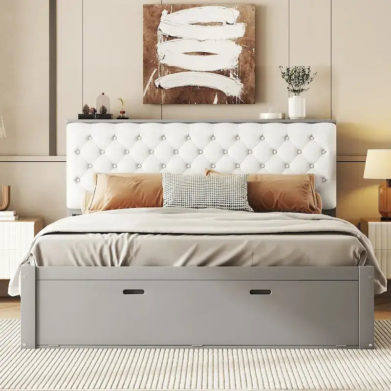 Lit plateforme espresso/gris avec tête de lit de rangement, range-chaussures et 4 tiroirs, convient pour 1-2 personnes