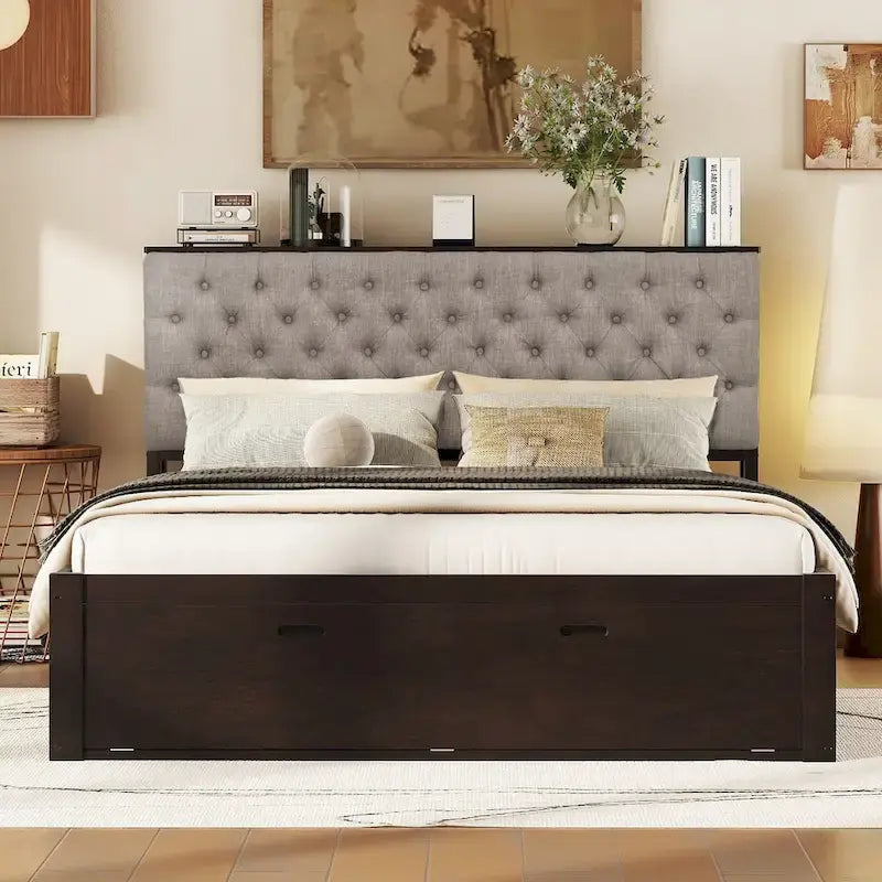 Lit plateforme espresso/gris avec tête de lit de rangement, range-chaussures et 4 tiroirs, convient pour 1-2 personnes
