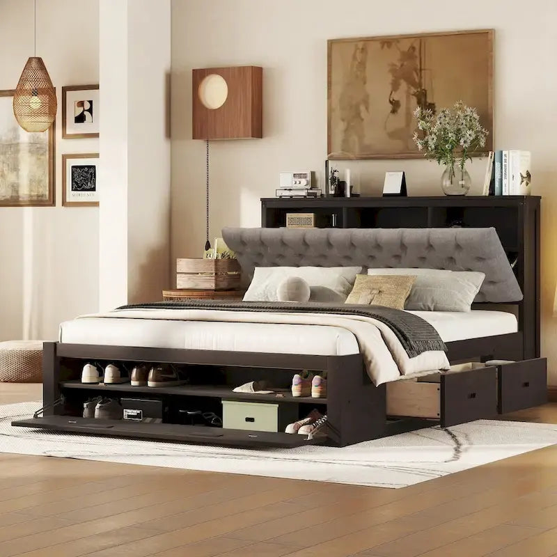 Lit plateforme espresso/gris avec tête de lit de rangement, range-chaussures et 4 tiroirs, convient pour 1-2 personnes