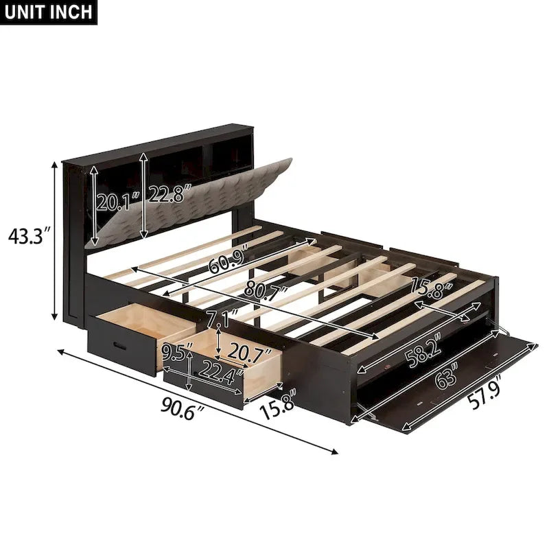 Lit plateforme espresso/gris avec tête de lit de rangement, range-chaussures et 4 tiroirs, convient pour 1-2 personnes