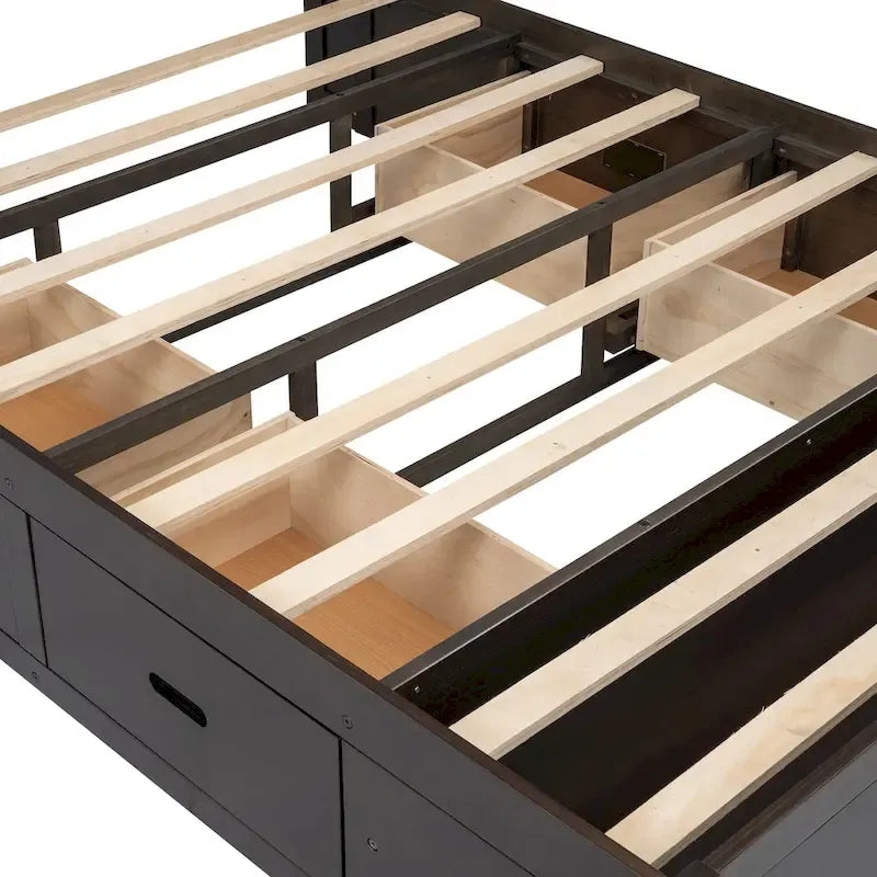 Lit plateforme espresso/gris avec tête de lit de rangement, range-chaussures et 4 tiroirs, convient pour 1-2 personnes