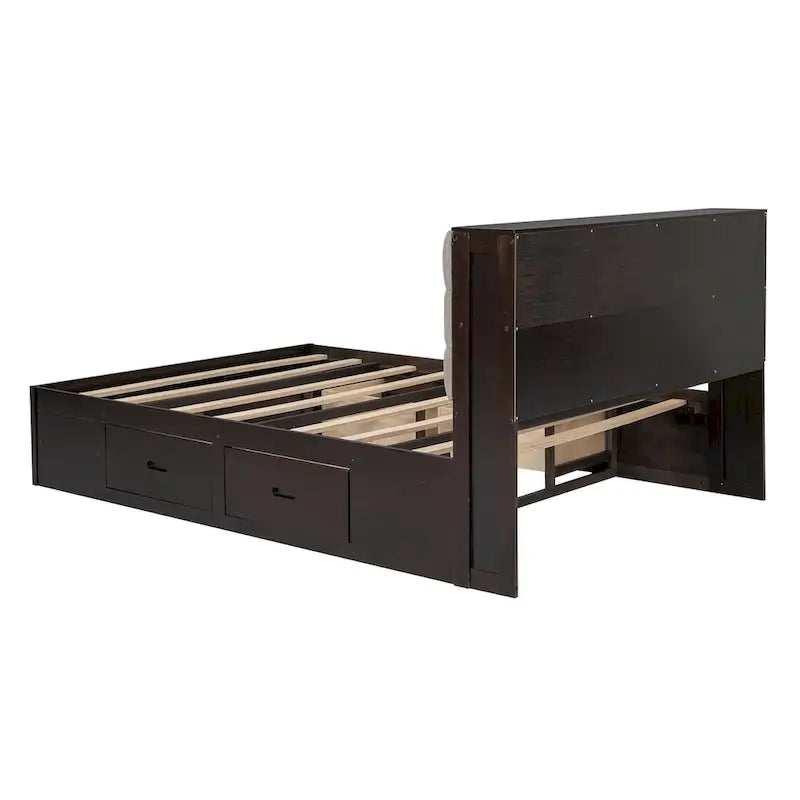 Lit plateforme espresso/gris avec tête de lit de rangement, range-chaussures et 4 tiroirs, convient pour 1-2 personnes