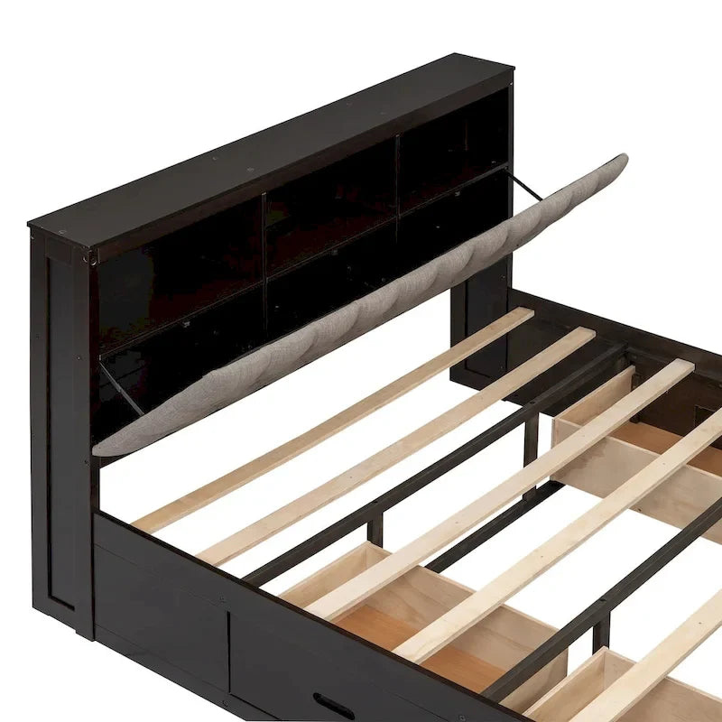 Lit plateforme espresso/gris avec tête de lit de rangement, range-chaussures et 4 tiroirs, convient pour 1-2 personnes