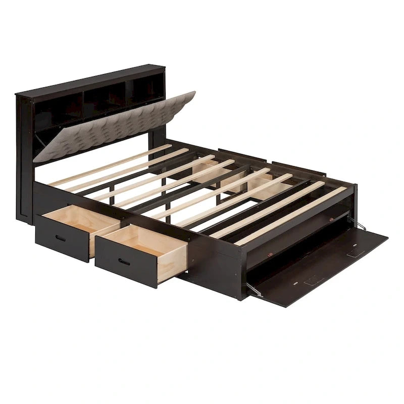 Lit plateforme espresso/gris avec tête de lit de rangement, range-chaussures et 4 tiroirs, convient pour 1-2 personnes