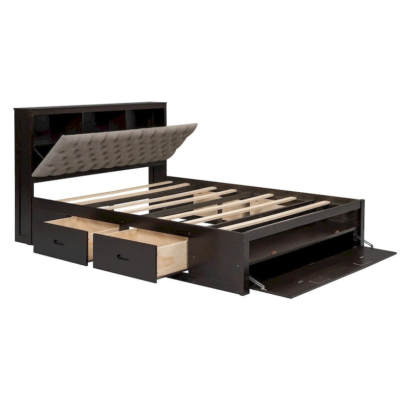 Lit plateforme espresso/gris avec tête de lit de rangement, range-chaussures et 4 tiroirs, convient pour 1-2 personnes