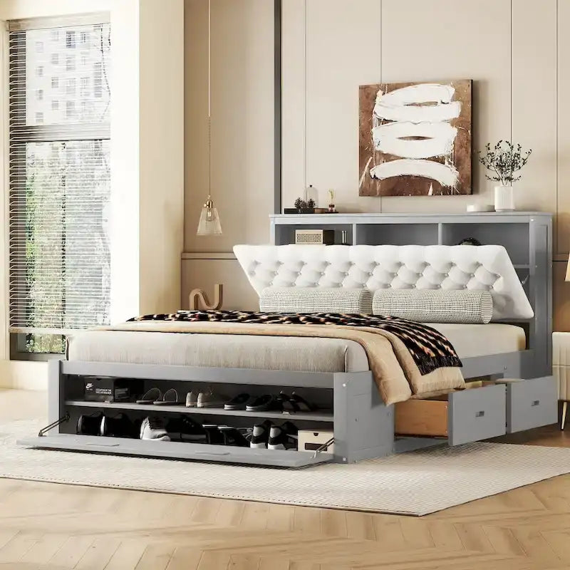 Lit plateforme espresso/gris avec tête de lit de rangement, range-chaussures et 4 tiroirs, convient pour 1-2 personnes