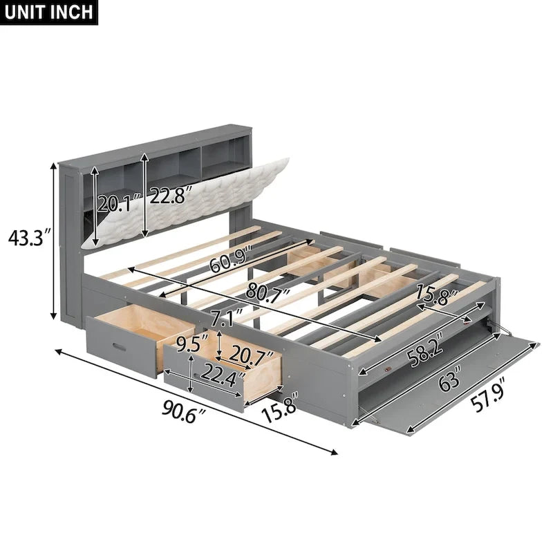 Lit plateforme espresso/gris avec tête de lit de rangement, range-chaussures et 4 tiroirs, convient pour 1-2 personnes