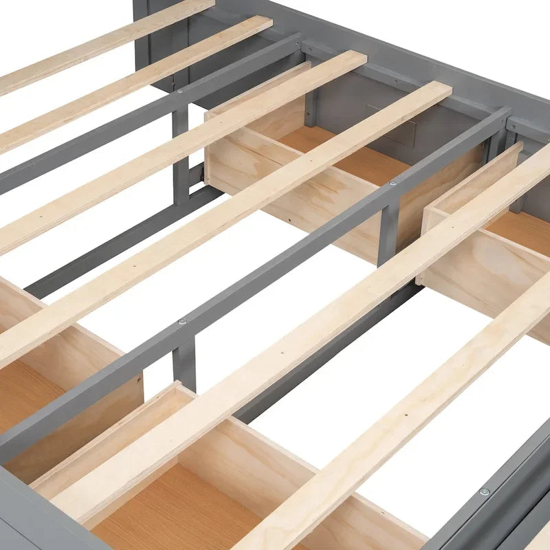 Lit plateforme espresso/gris avec tête de lit de rangement, range-chaussures et 4 tiroirs, convient pour 1-2 personnes