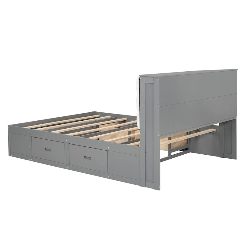 Lit plateforme espresso/gris avec tête de lit de rangement, range-chaussures et 4 tiroirs, convient pour 1-2 personnes