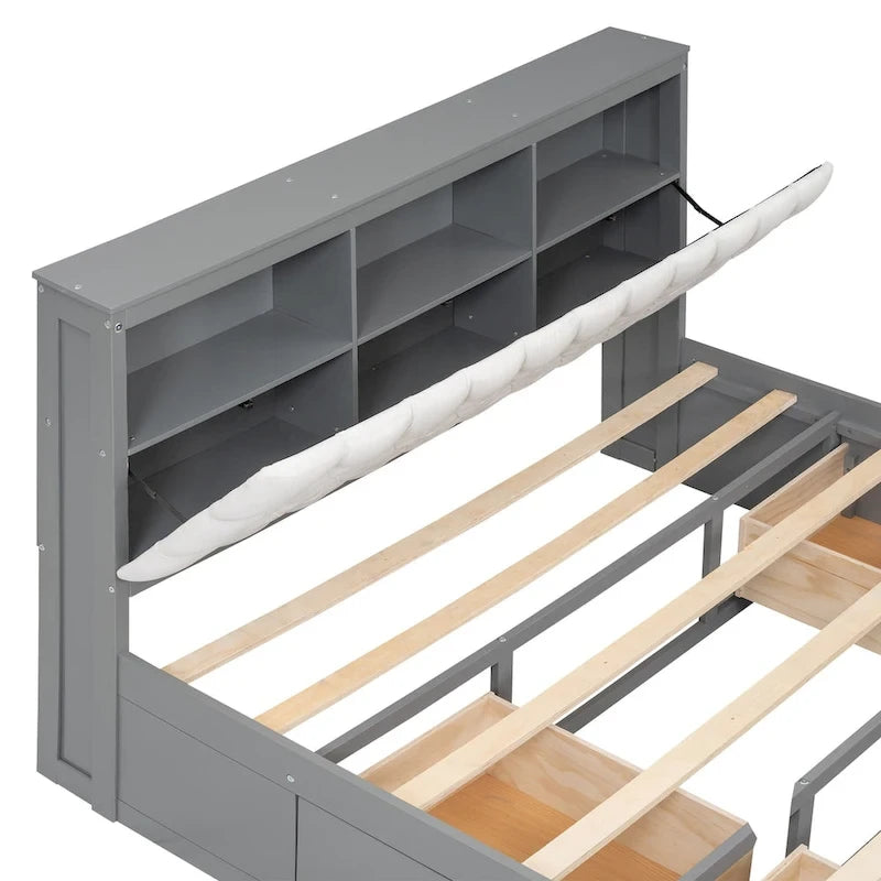 Lit plateforme espresso/gris avec tête de lit de rangement, range-chaussures et 4 tiroirs, convient pour 1-2 personnes