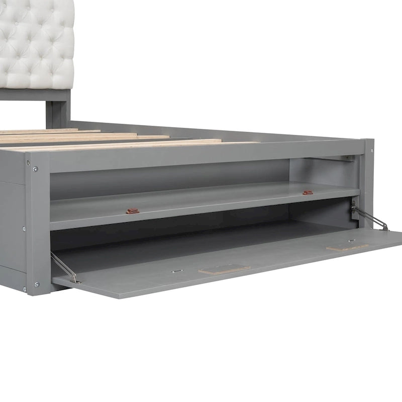 Lit plateforme espresso/gris avec tête de lit de rangement, range-chaussures et 4 tiroirs, convient pour 1-2 personnes