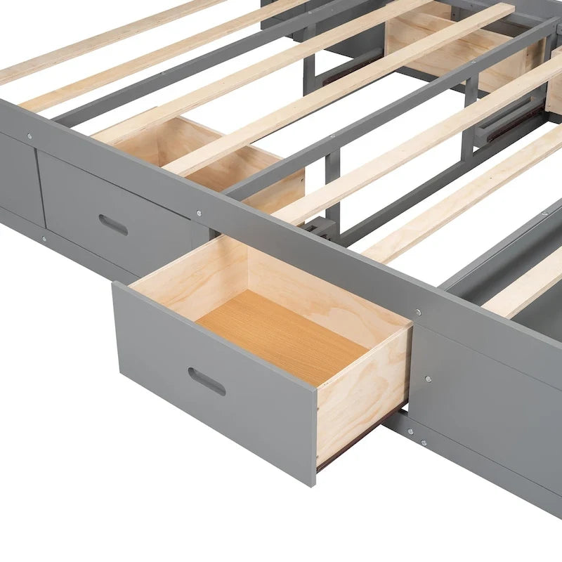 Lit plateforme espresso/gris avec tête de lit de rangement, range-chaussures et 4 tiroirs, convient pour 1-2 personnes