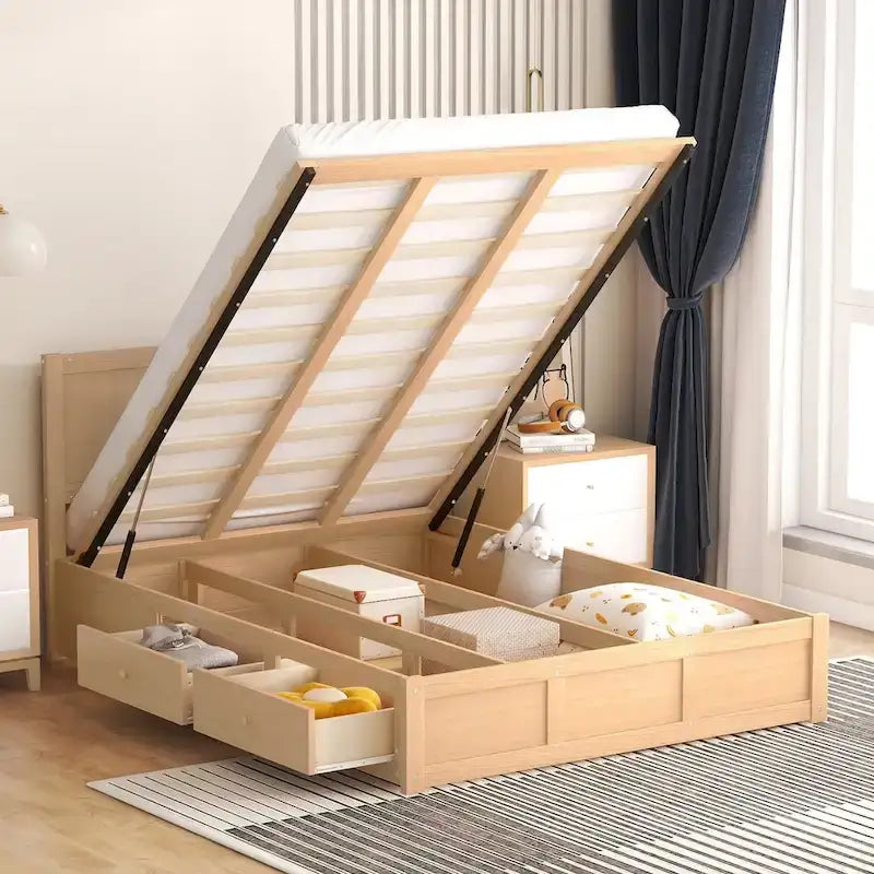 Lit plateforme queen en bois naturel avec 2 tiroirs – 1 personne