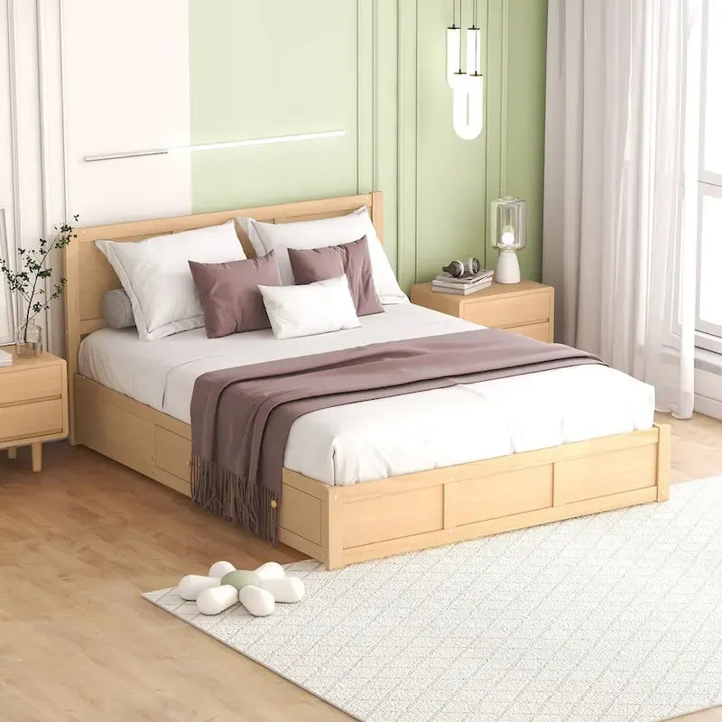 Lit plateforme queen en bois naturel avec 2 tiroirs – 1 personne