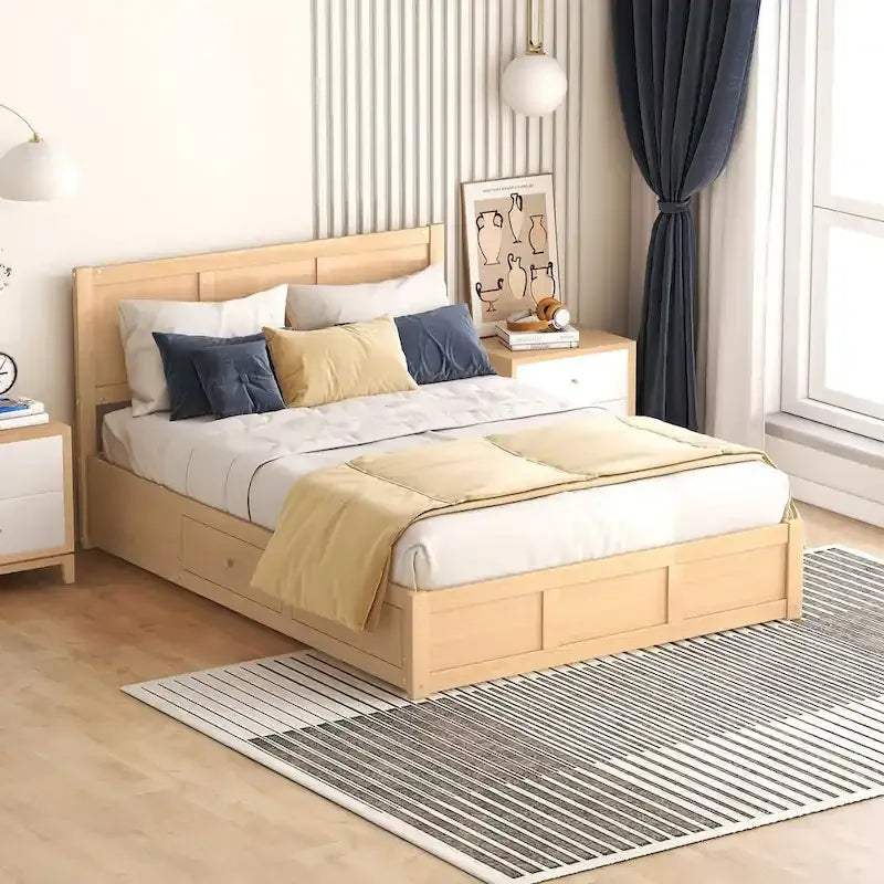 Lit plateforme queen en bois naturel avec 2 tiroirs – 1 personne
