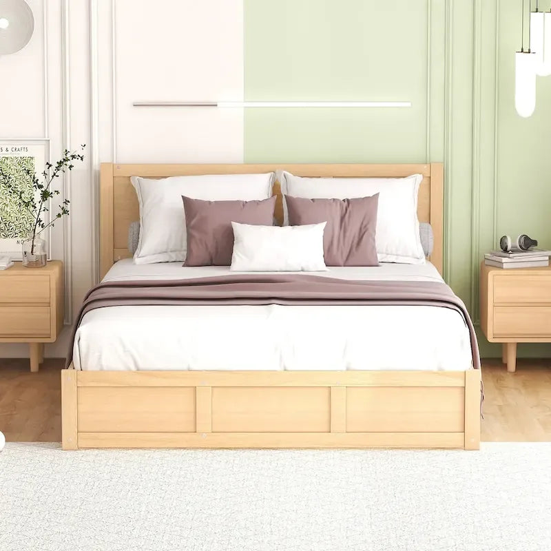 Lit plateforme queen en bois naturel avec 2 tiroirs – 1 personne