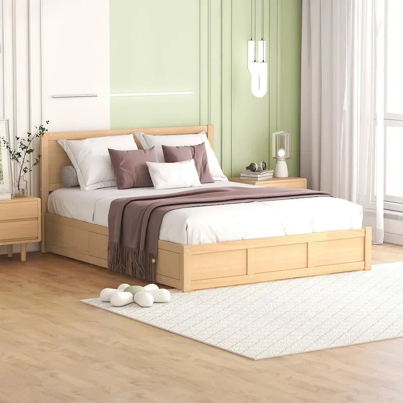 Lit plateforme queen en bois naturel avec 2 tiroirs – 1 personne
