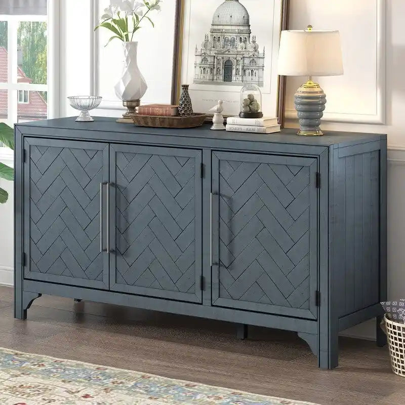 Buffet 3 portes bleu marine et gris avec étagères réglables