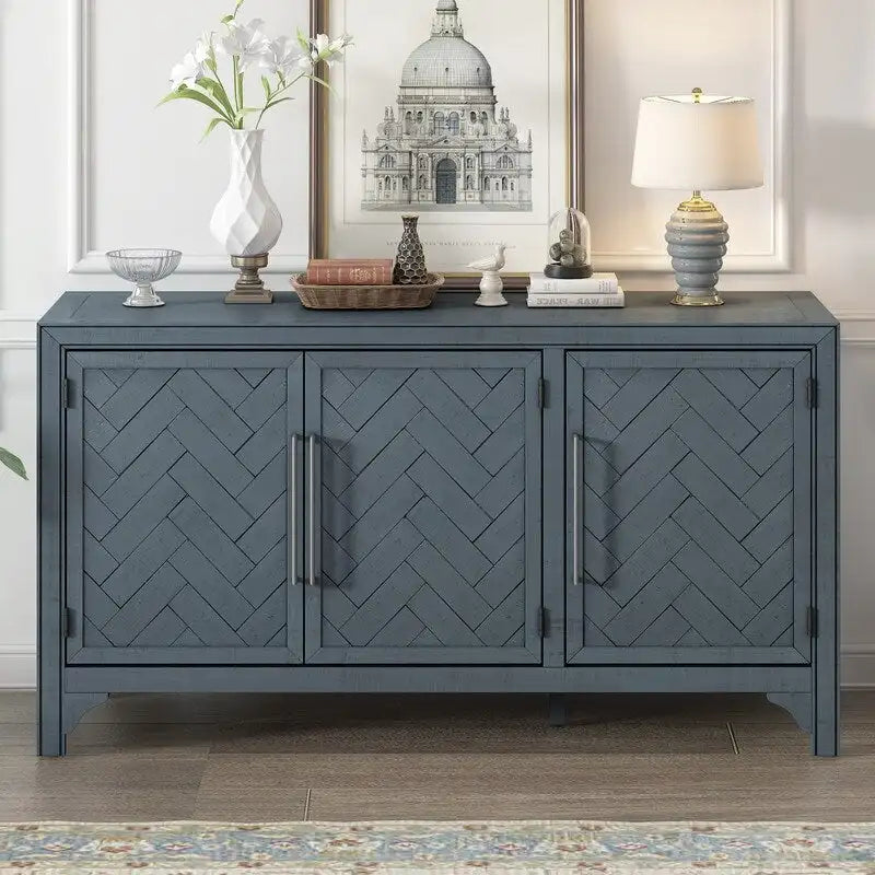 Buffet 3 portes bleu marine et gris avec étagères réglables