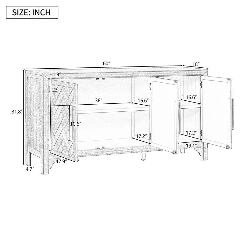 Buffet 3 portes bleu marine et gris avec étagères réglables