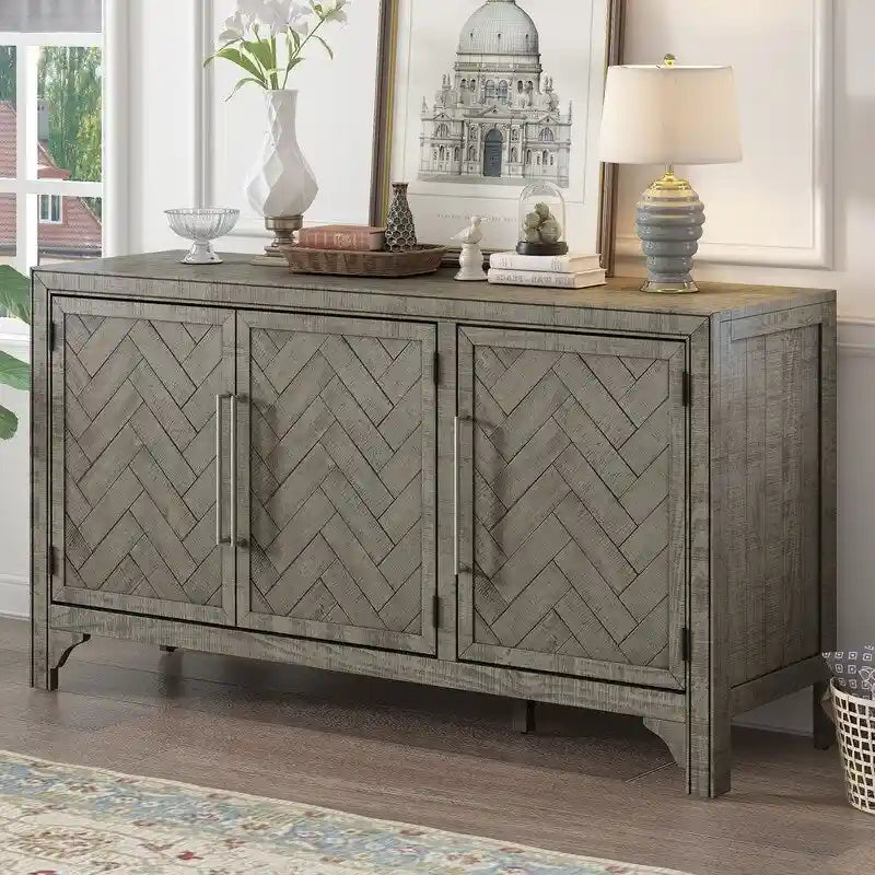 Buffet 3 portes bleu marine et gris avec étagères réglables
