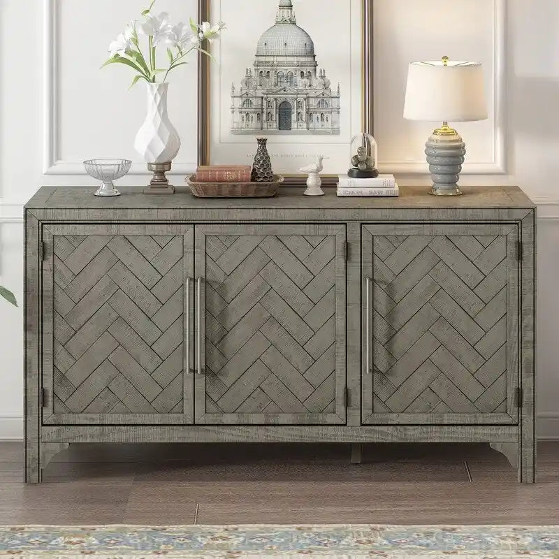 Buffet 3 portes bleu marine et gris avec étagères réglables