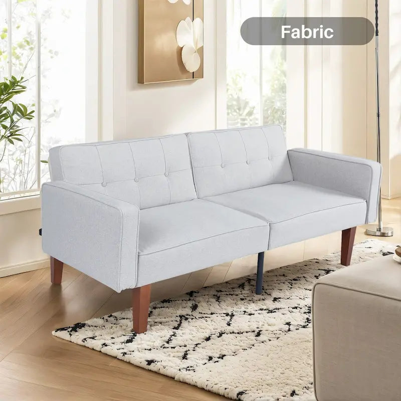 Canapé-Lit Convertible (Futon) 2 Places – Lin et Similicuir, Gris / Jaune / Noir