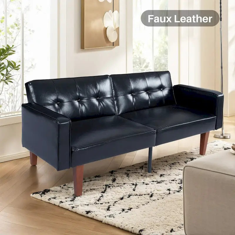 Canapé-Lit Convertible (Futon) 2 Places – Lin et Similicuir, Gris / Jaune / Noir