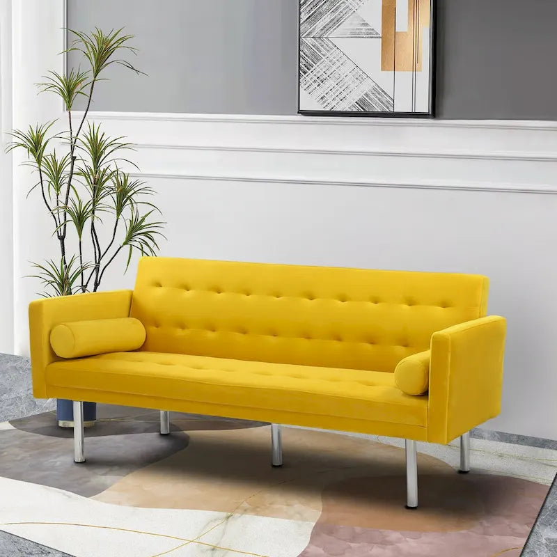 Canapé-Lit Convertible (Futon) 2 Places – Lin et Similicuir, Gris / Jaune / Noir