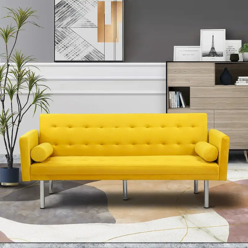 Canapé-Lit Convertible (Futon) 2 Places – Lin et Similicuir, Gris / Jaune / Noir