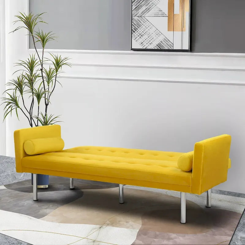 Canapé-Lit Convertible (Futon) 2 Places – Lin et Similicuir, Gris / Jaune / Noir