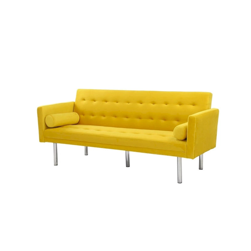 Canapé-Lit Convertible (Futon) 2 Places – Lin et Similicuir, Gris / Jaune / Noir
