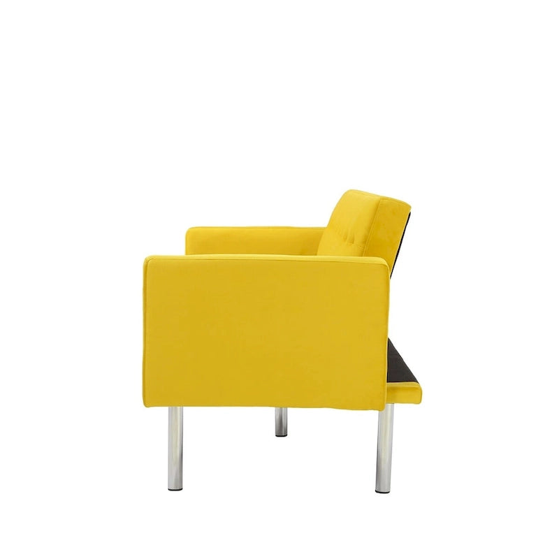 Canapé-Lit Convertible (Futon) 2 Places – Lin et Similicuir, Gris / Jaune / Noir