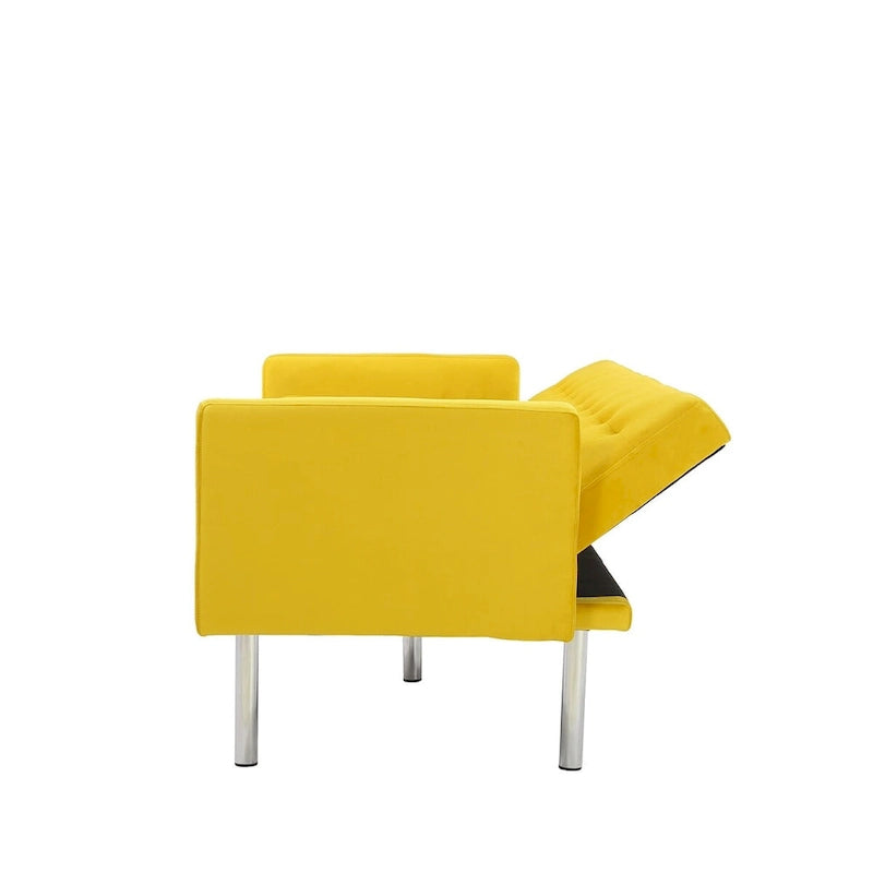 Canapé-Lit Convertible (Futon) 2 Places – Lin et Similicuir, Gris / Jaune / Noir