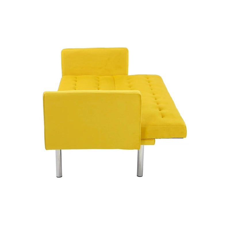 Canapé-Lit Convertible (Futon) 2 Places – Lin et Similicuir, Gris / Jaune / Noir