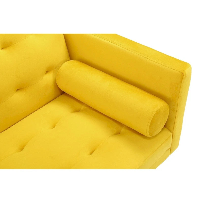 Canapé-Lit Convertible (Futon) 2 Places – Lin et Similicuir, Gris / Jaune / Noir