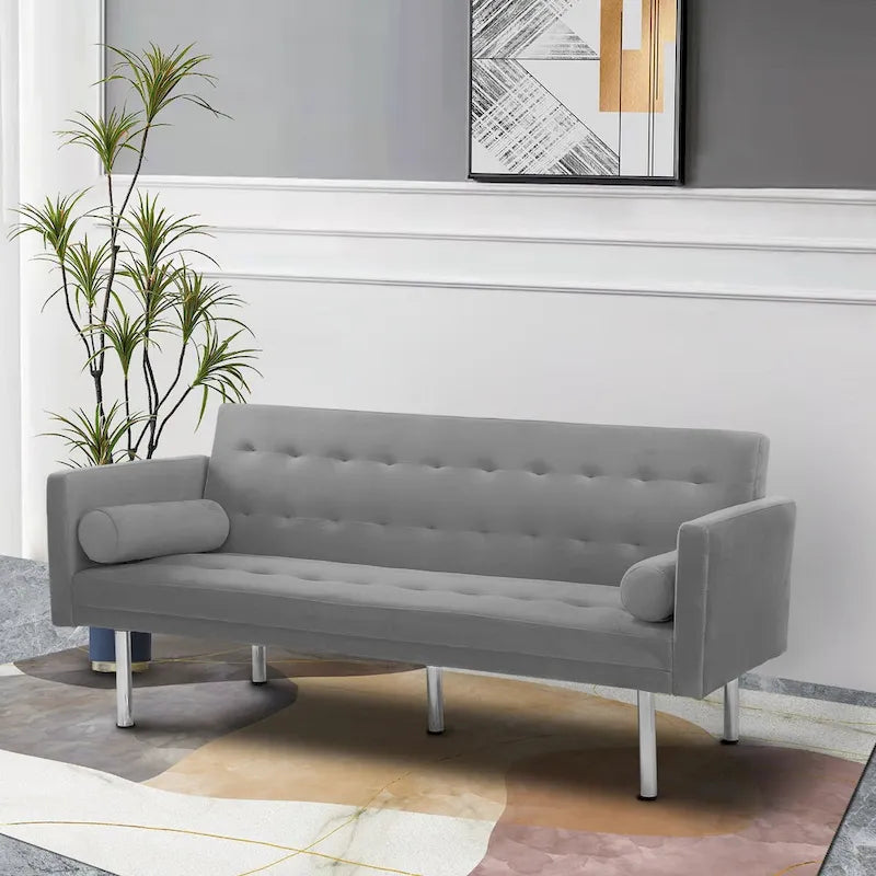 Canapé-Lit Convertible (Futon) 2 Places – Lin et Similicuir, Gris / Jaune / Noir