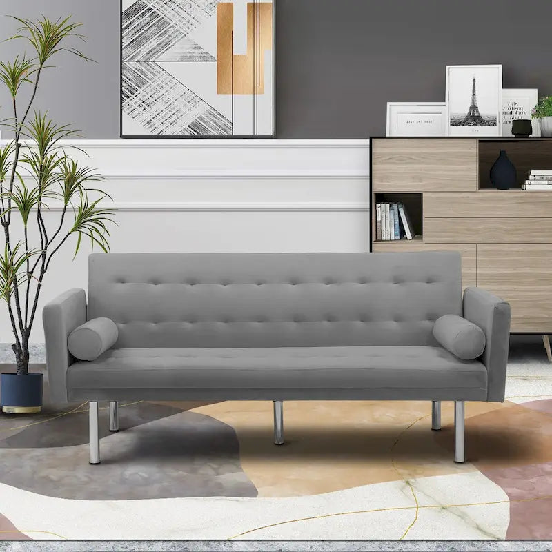 Canapé-Lit Convertible (Futon) 2 Places – Lin et Similicuir, Gris / Jaune / Noir