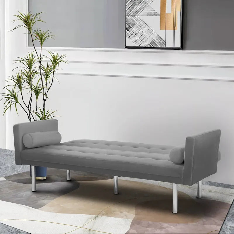 Canapé-Lit Convertible (Futon) 2 Places – Lin et Similicuir, Gris / Jaune / Noir