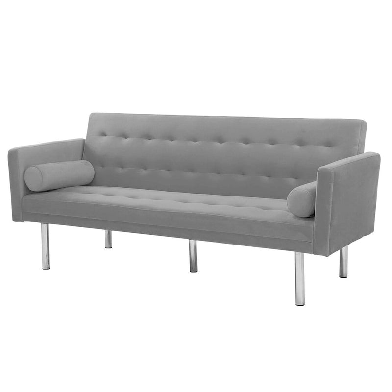 Canapé-Lit Convertible (Futon) 2 Places – Lin et Similicuir, Gris / Jaune / Noir