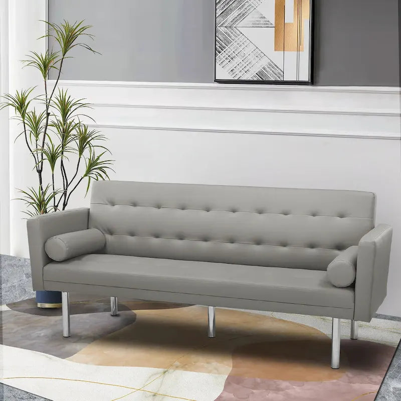 Canapé-Lit Convertible (Futon) 2 Places – Lin et Similicuir, Gris / Jaune / Noir