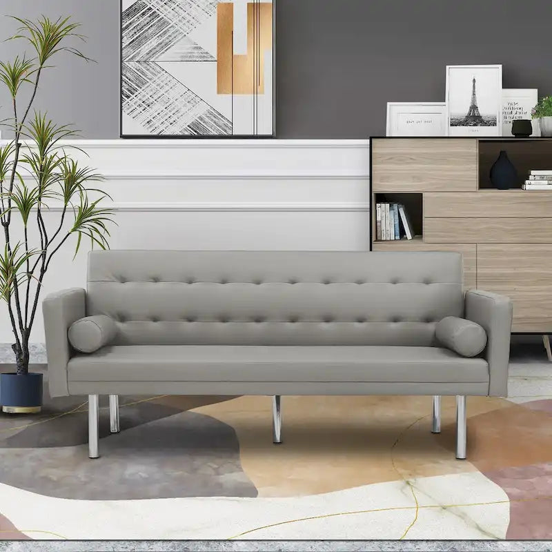 Canapé-Lit Convertible (Futon) 2 Places – Lin et Similicuir, Gris / Jaune / Noir