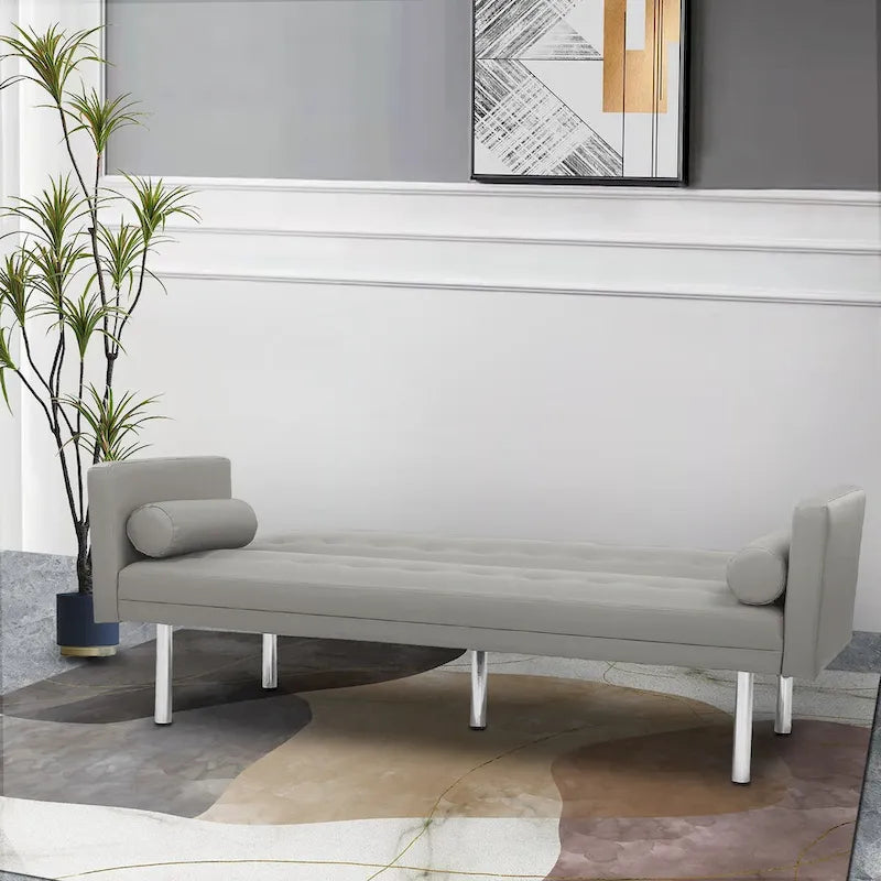 Canapé-Lit Convertible (Futon) 2 Places – Lin et Similicuir, Gris / Jaune / Noir