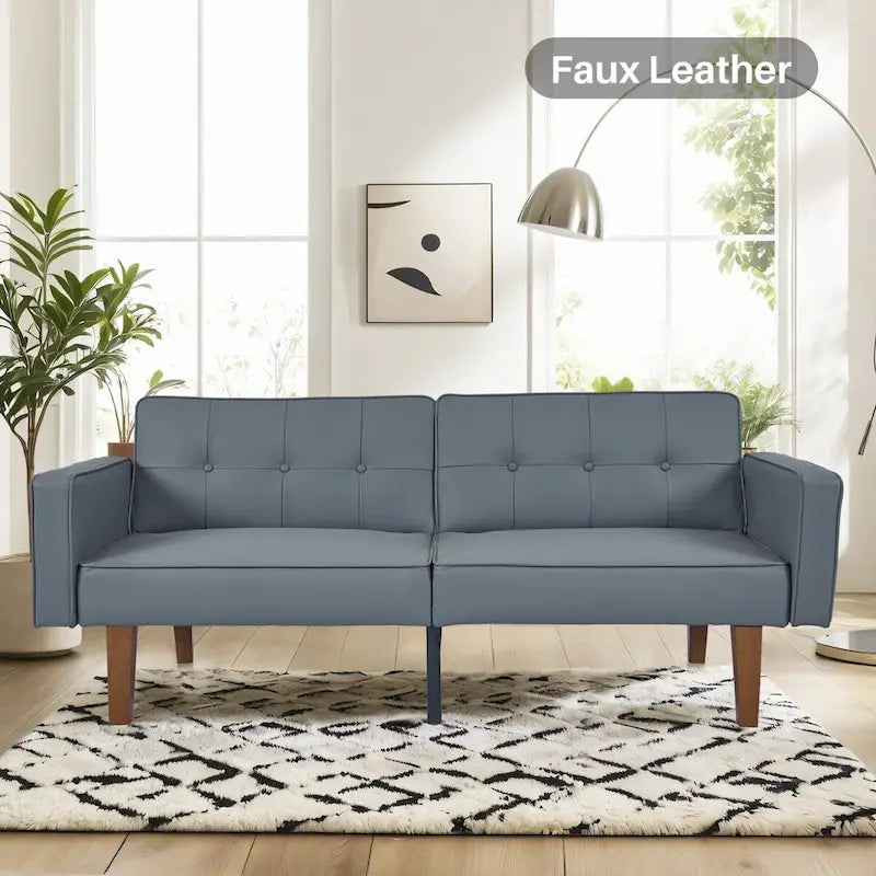 Canapé-Lit Convertible (Futon) 2 Places – Lin et Similicuir, Gris / Jaune / Noir