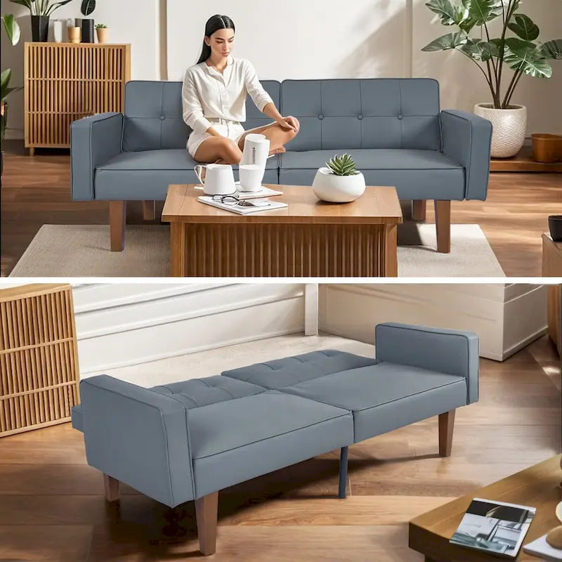 Canapé-Lit Convertible (Futon) 2 Places – Lin et Similicuir, Gris / Jaune / Noir